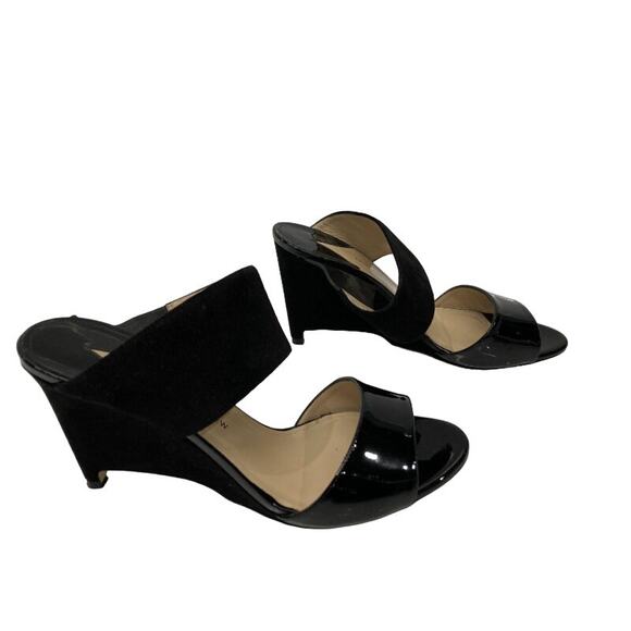 Paul Andrew Black Open Toe Patent Velvet Wedge Sandals - Picture 9 of 14